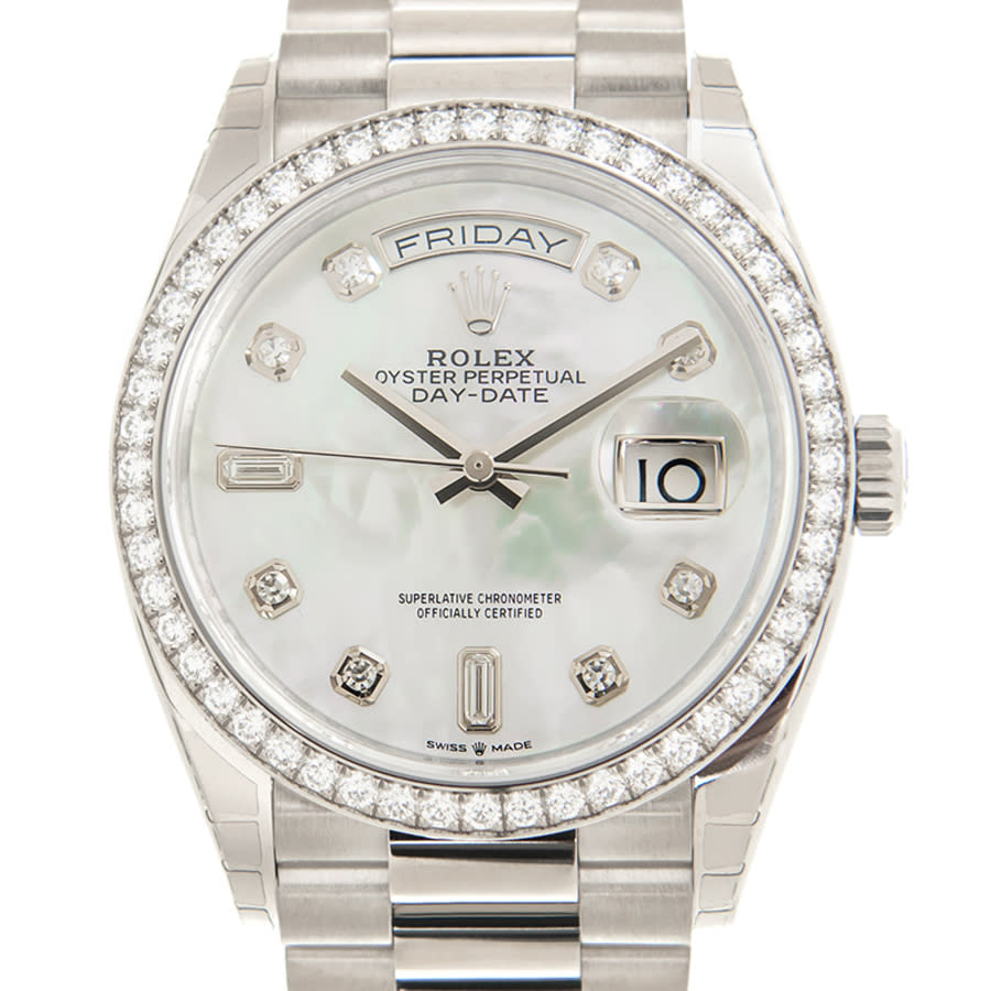 Rolex DayDate 36 Mother of Pearl Diamond Dial 18kt White Gold President Watch 128349MDP