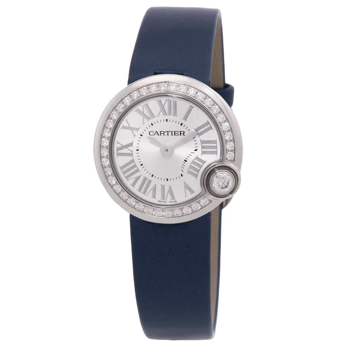Женские часы Cartier Ballon Blanc De Cartier с кварцевым серебряным циферблатом W4BL0002