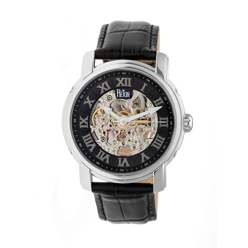 Reign Kahn Black Skeleton Roman Numeral Black Leather Strap Mens Watch RN4304