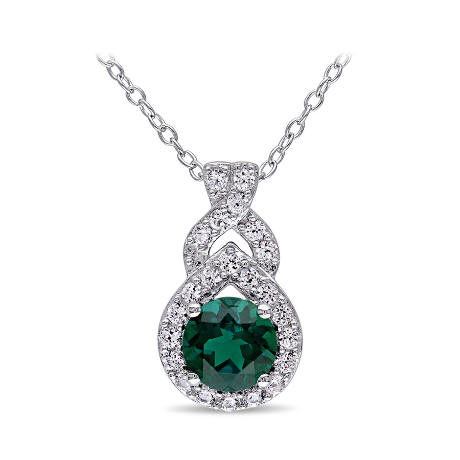 AMOUR Created White Sapphire and Created Emerald Teardrop Halo Pendant with Chain In Sterling Silver 89$
