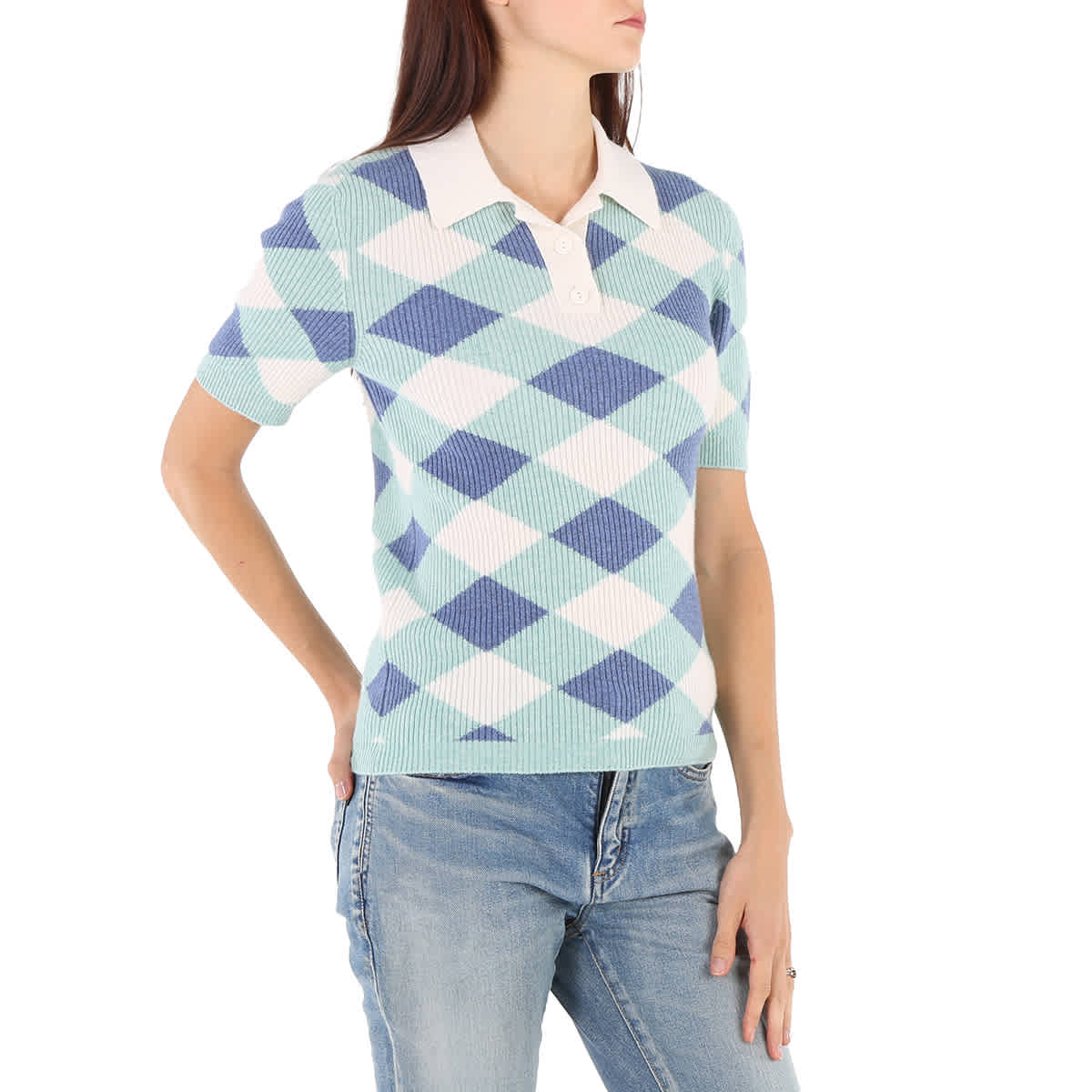 Woman Simple Argyle Collar Knit Polo Shirt