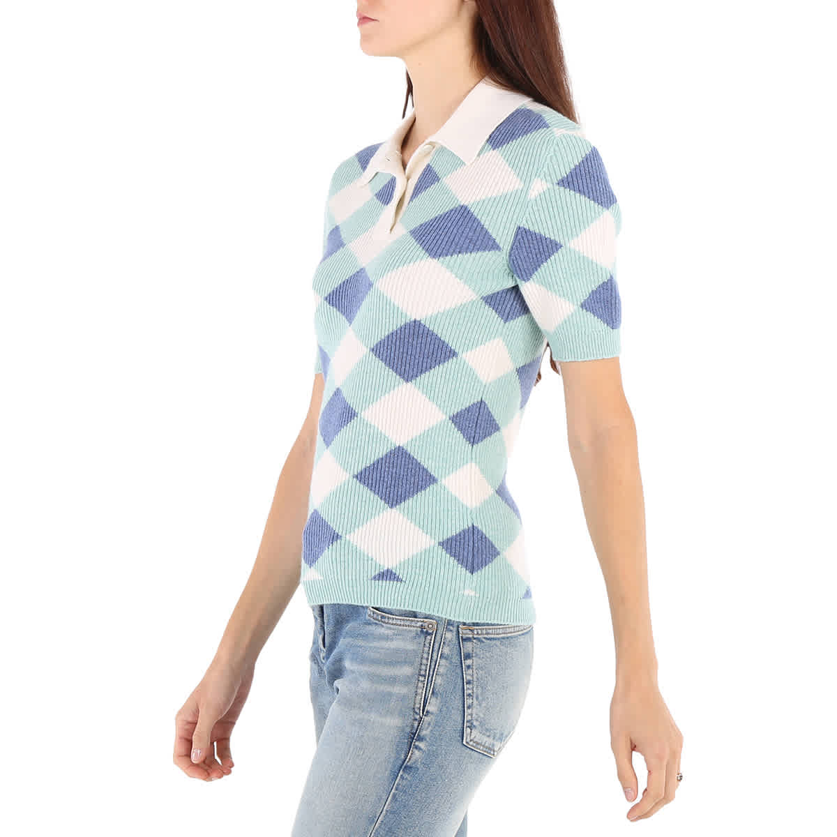 Woman Simple Argyle Collar Knit Polo Shirt