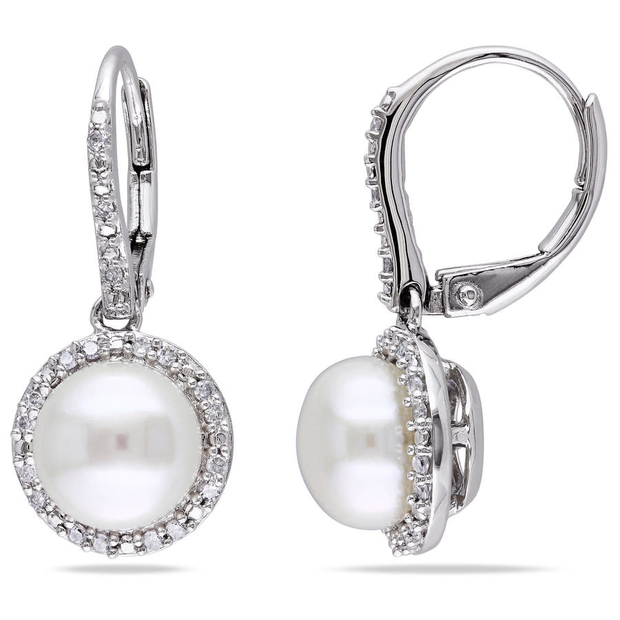AMOUR 15 CT TW Diamond and 8 Mm White Cultured Freshwater Pearl Leverback Halo Earrings In Sterling Silver 160$