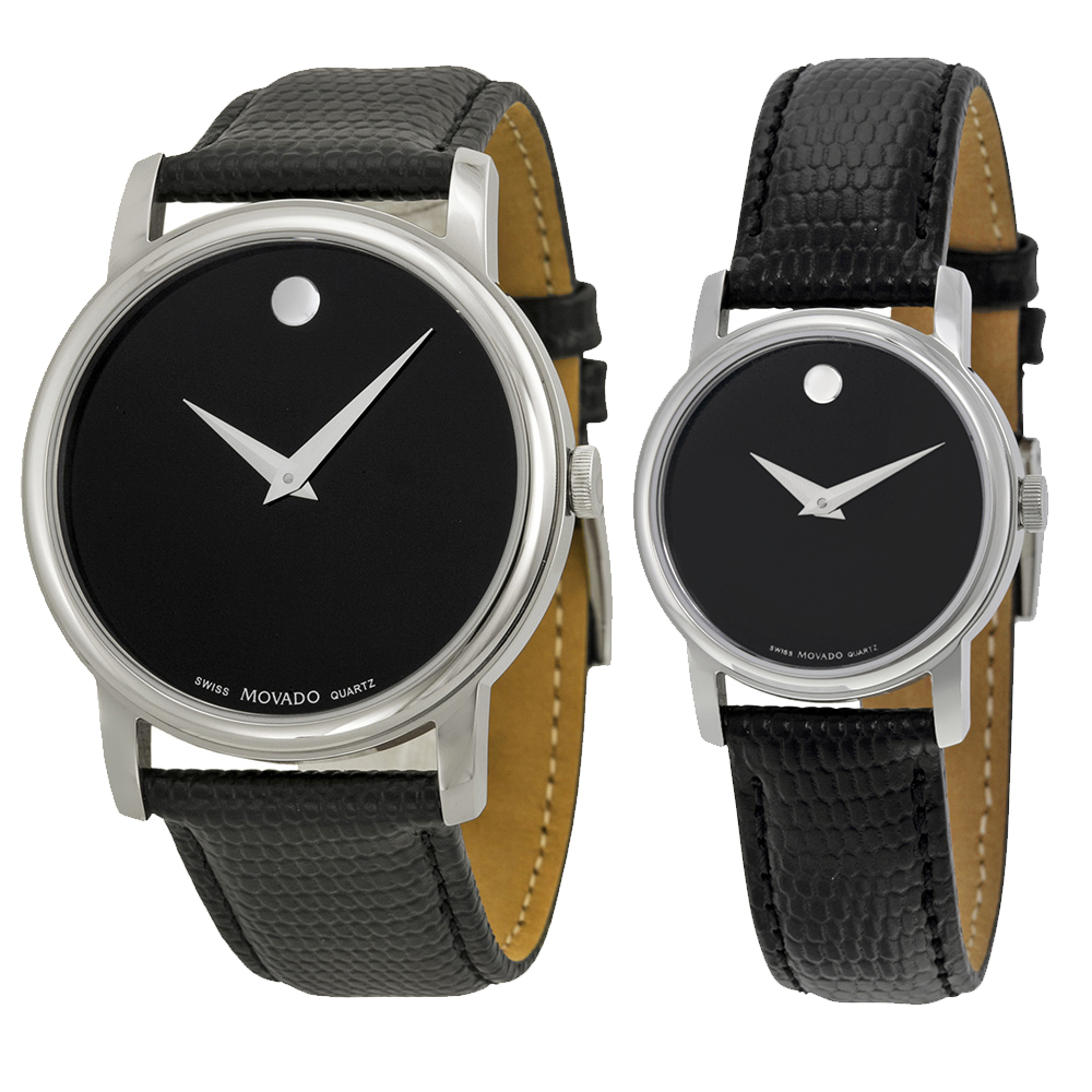 movado museum black dial black leather strap men's watch