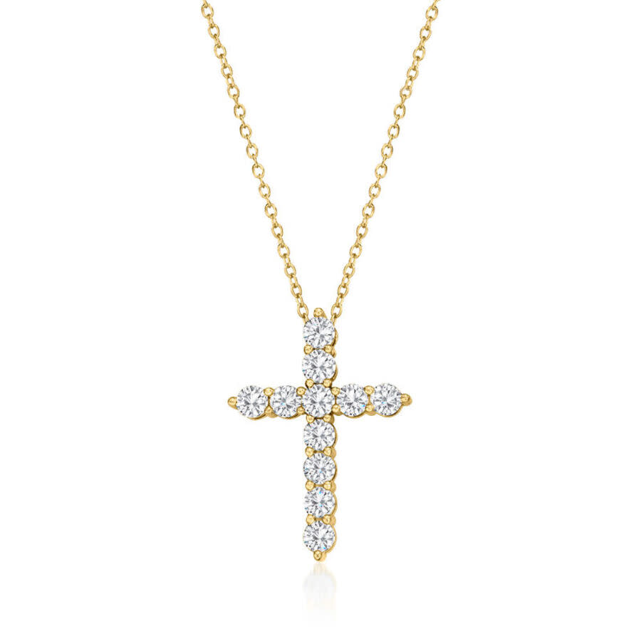 Brilliant Diamond 1 Carat Lab Grown Cross Pendant Necklace in 14K Yellow Gold, 16'' + 2'' Extender, Gift Box Included