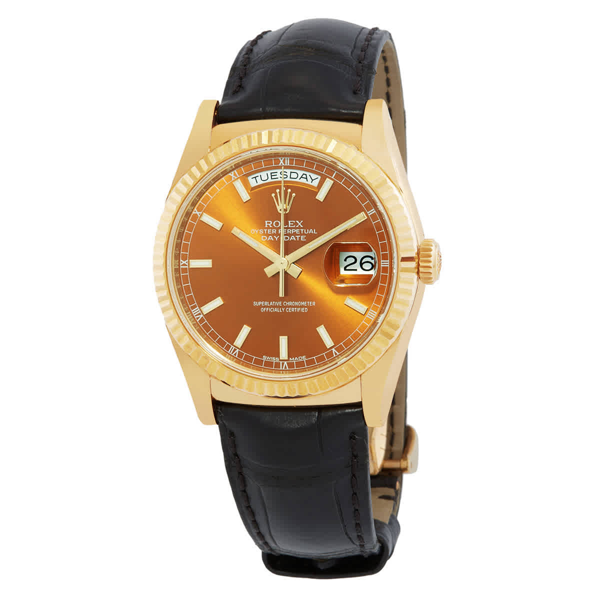 Rolex Day Date Cognac Dial 18K Yellow Gold Leather Mens Watch 118138COL