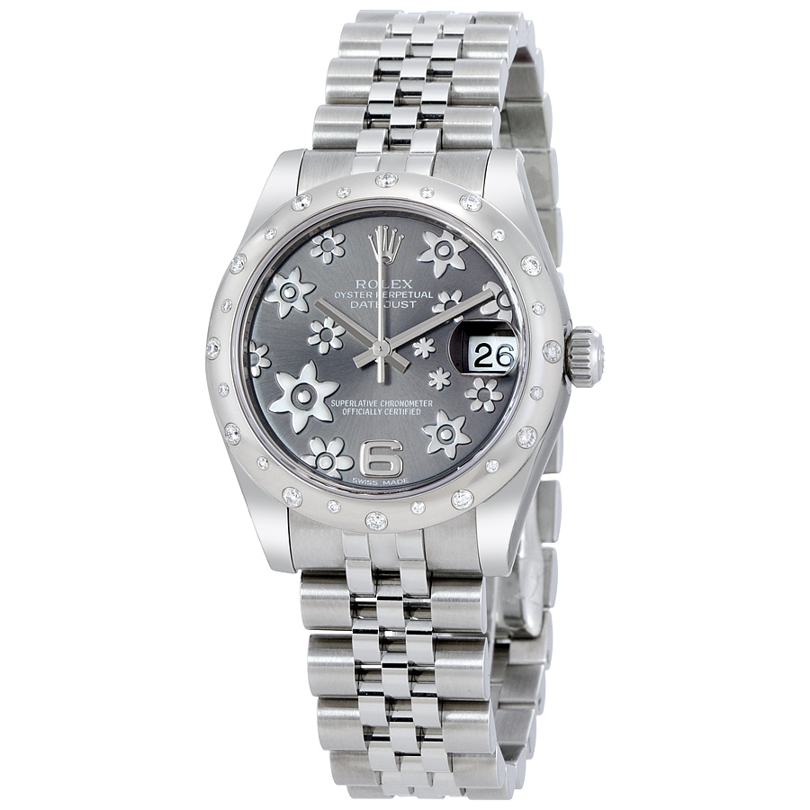Preowned Rolex Oyster Perpetual Diamond Floral Rhodium Dial Ladies Watch 178344RFJ