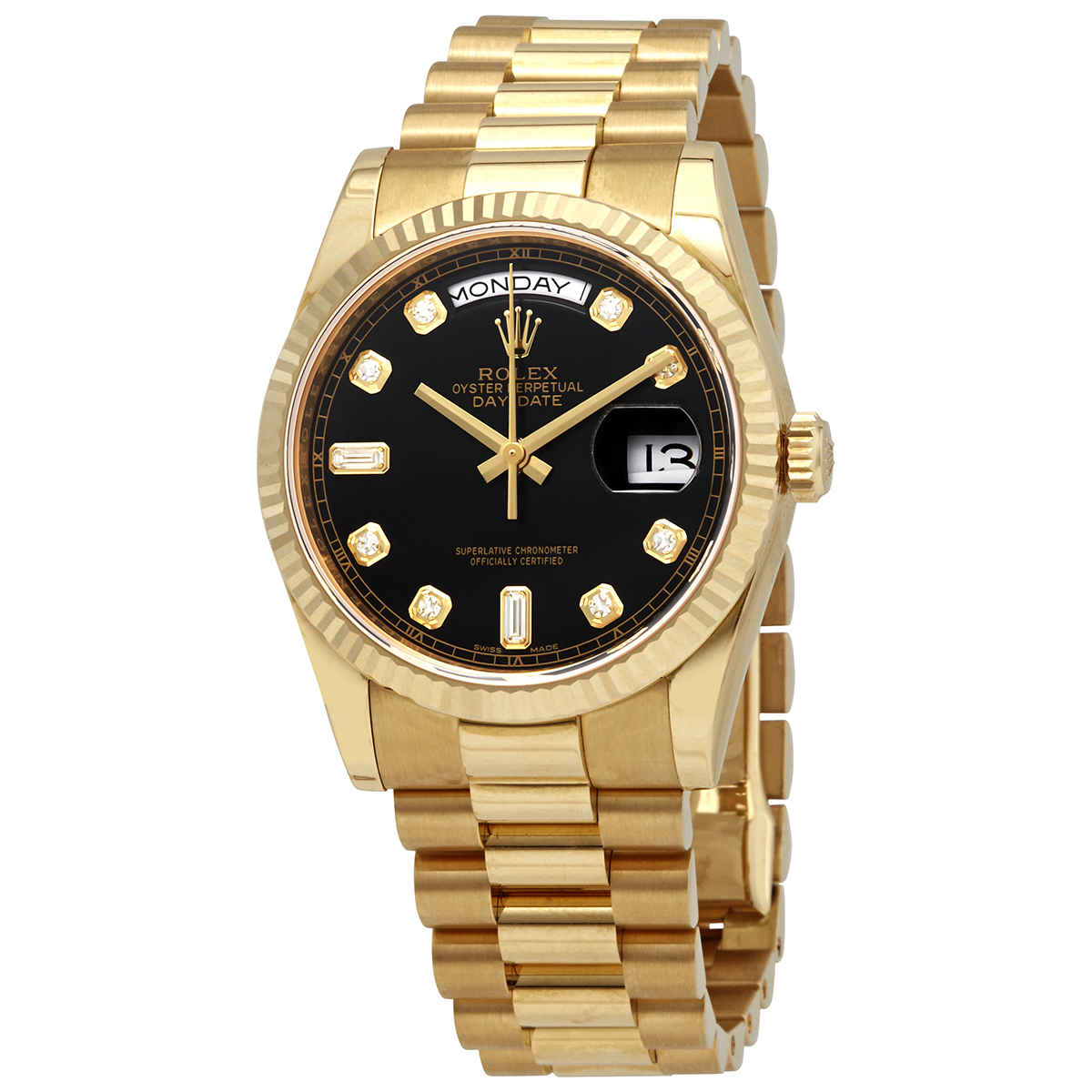 Rolex DayDate Black Dial 18K Yellow Gold President Automatic Mens Watch 118238BKDP