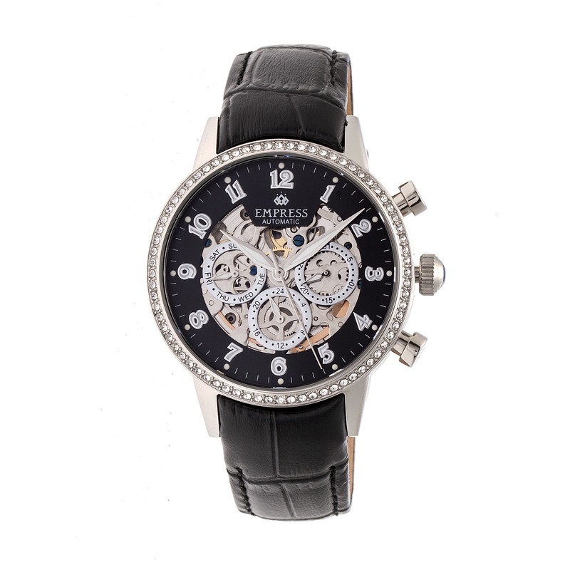 Empress Beatrice Black Skeleton Dial Black Leather Strap Ladies Watch EM2002