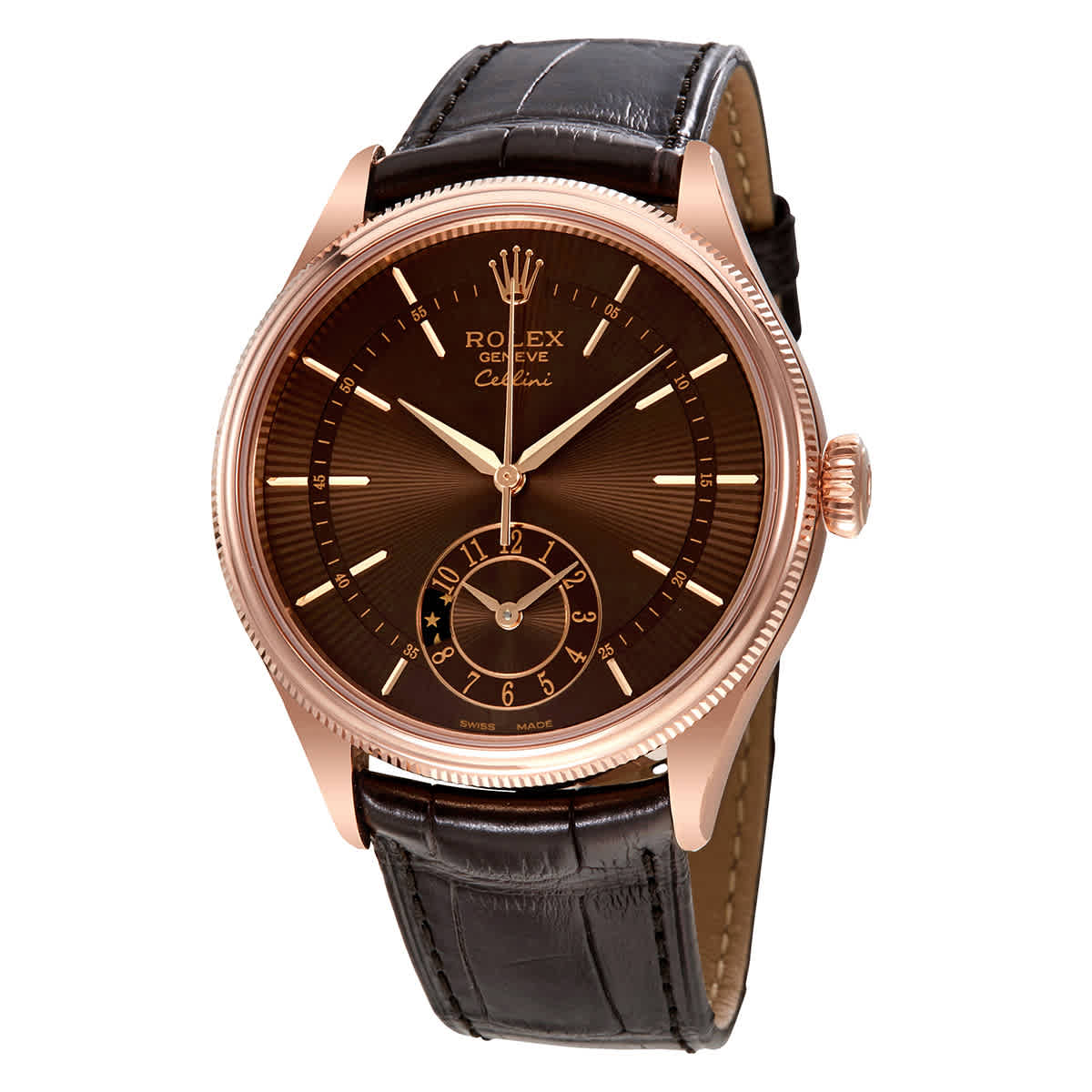 Rolex Cellini Brown Guilloche Dial Automatic Mens 18K Everose Gold Leather Watch 50525BRSBRL