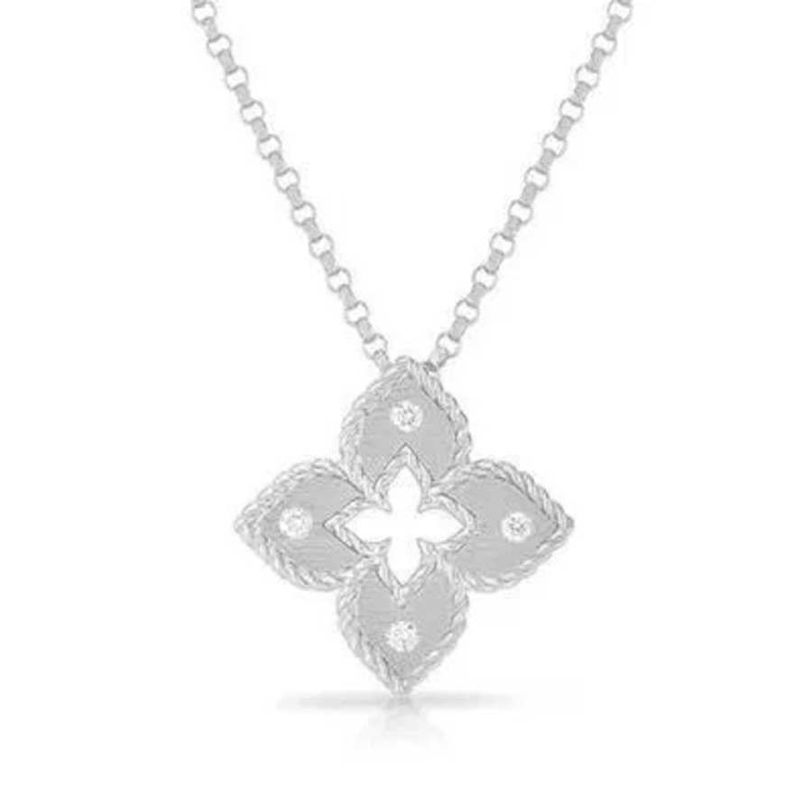 Roberto Coin 18K White Gold Petite Venetian Princess Extra Small Satin Diamond Accent Flower Necklace - 7772985Awchx 1890$