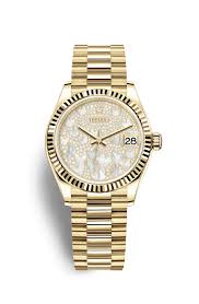 Rolex Datejust 31 Mother of Pearl Butterfly Diamond Pave Ladies 18kt Yellow Gold President Watch 278278PAVEP