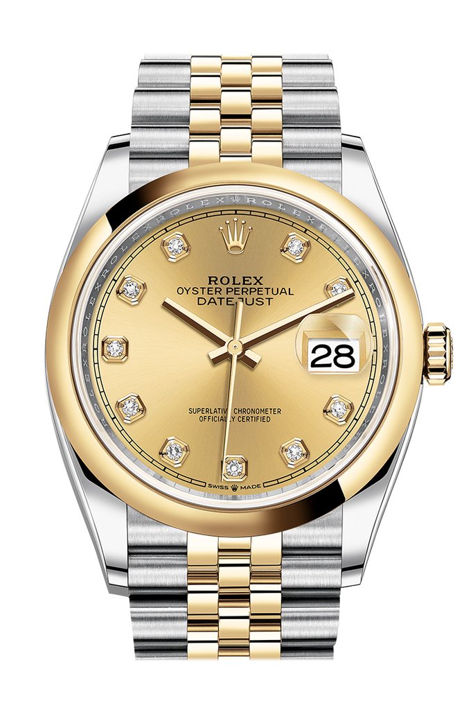 Rolex Datejust 36 Champagne Diamond Dial Mens Steel and 18k Yellow Gold Jubilee Watch 126203CDJ