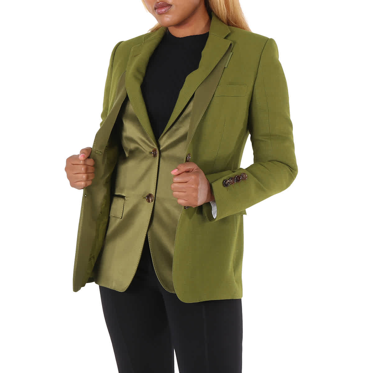 Burberry Ladies Juniper Green Wool Ramie And Silk Satin Tailored Jacket Brand