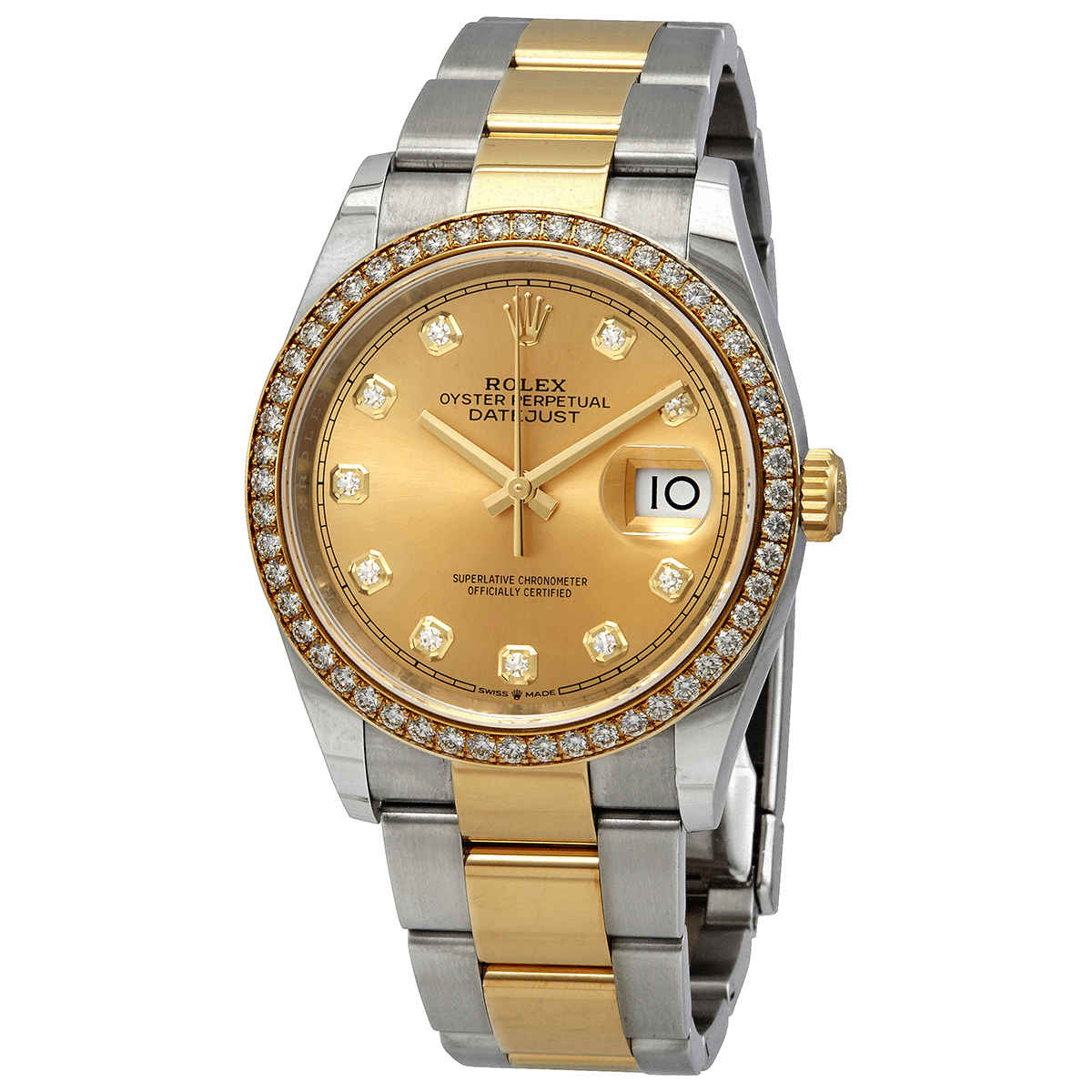 Rolex Datejust 36 Champagne Diamond Dial Mens Steel and 18kt Yellow Gold Oyster Watch 126283CDO