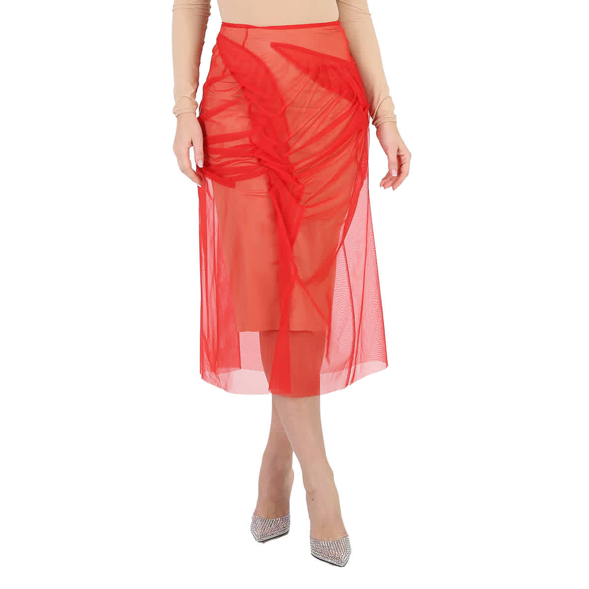 ワンピース MAISON MARGIELA Women Skirts S51DD0014STJ398962 Red Maison Margiela Ladies Red Tulle-Overlay Asymmetric Skirt
