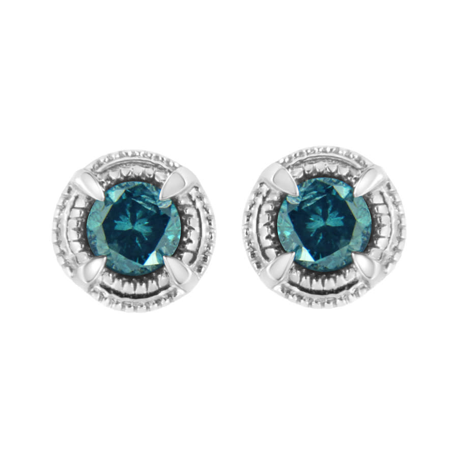 Haus of Brilliance 925 Sterling Silver 12 cttw Treated Blue Diamond Modern 4-Prong Solitaire Milgrain Stud Earrings 550$