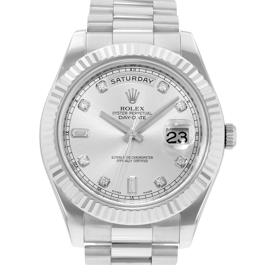 Preowned Rolex DayDate Ii Automatic Chronometer Diamond Silver Dial Mens Watch 218239 SDP