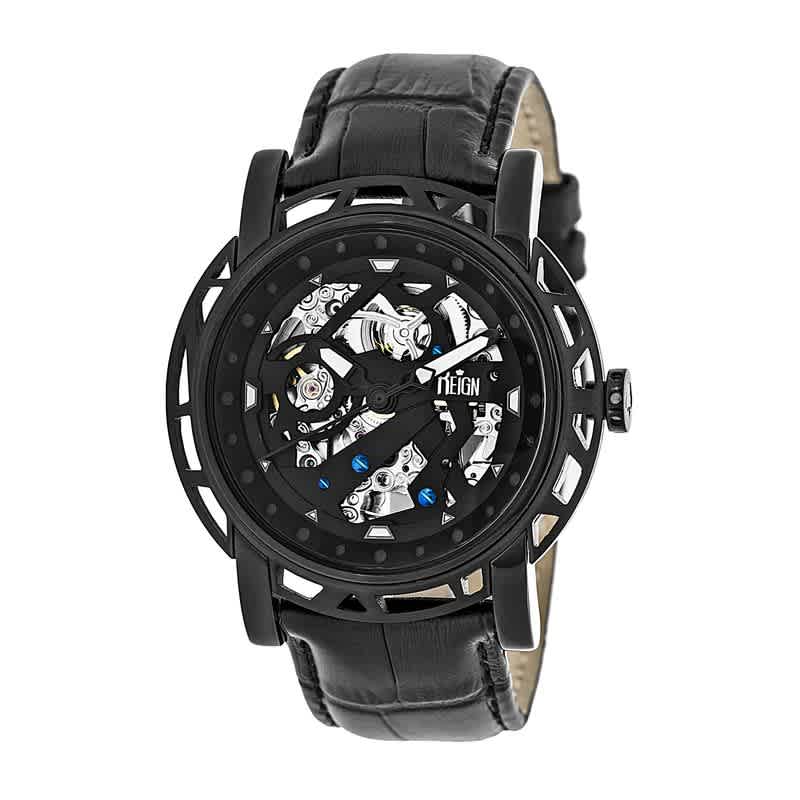 Reign Stavros Black Skeleton Dial Black Leather Mens Watch RN3705