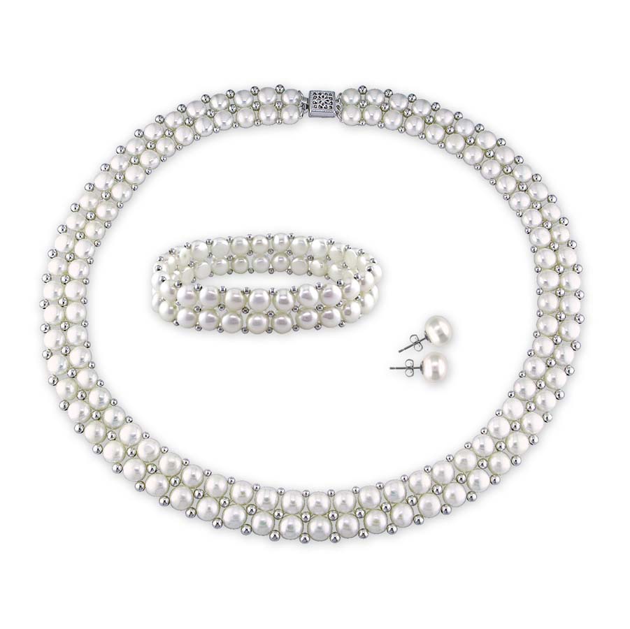 AMOUR 6 - 8 Mm Freshwater Cultured Pearl and Bead Double Row Strand Bracelet and Stud Earrings 3-piece Set In Sterling Silver 160$