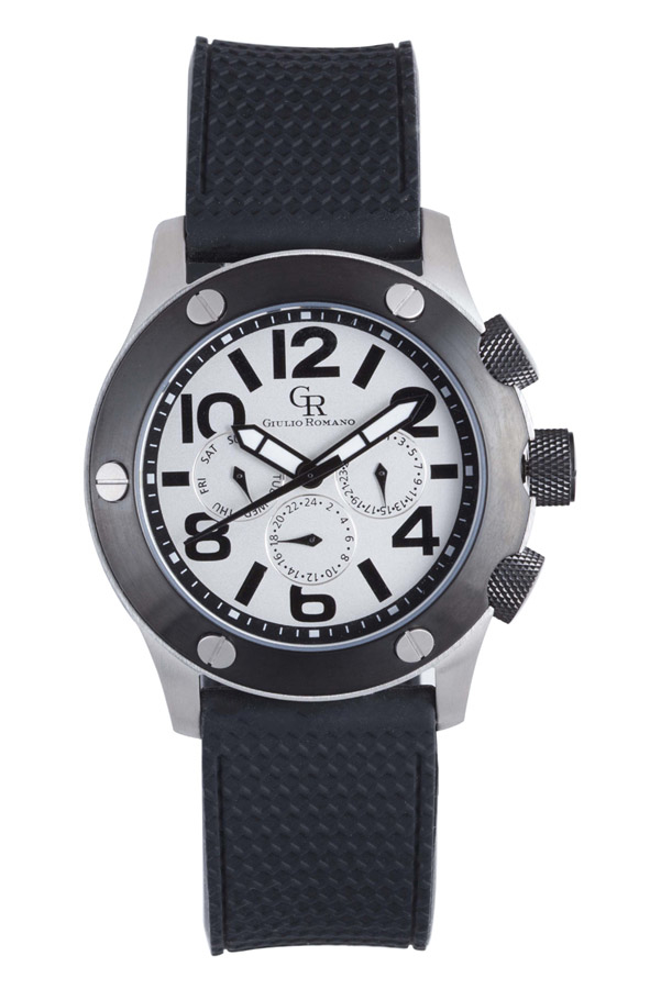 Giulio Romano Piemonte Silver Dial Black IP Bezel Dual-Time Day-Date Mens Watch GR-3000-04-001