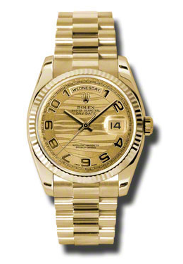 Rolex DayDate Champagne Wave Dial 18K Yellow Gold President Automatic Mens Watch 118238CWVAP