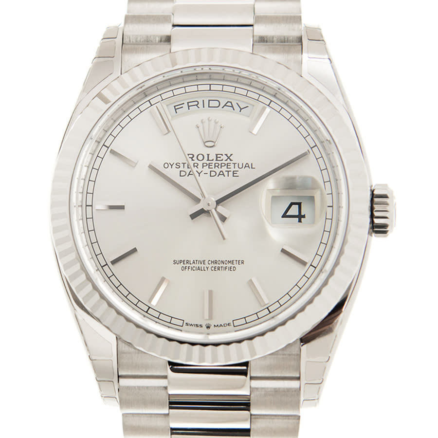 Rolex DayDate 36 Automatic Silver Dial 18kt White Gold President Watch 128239SSP