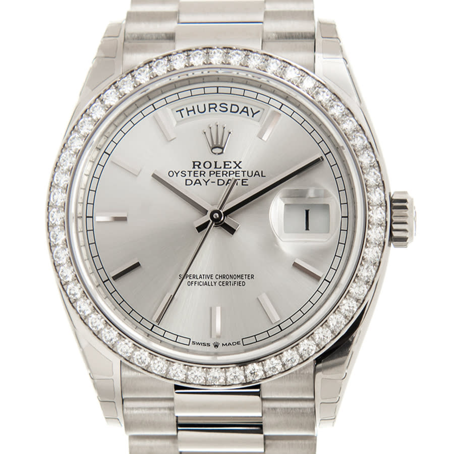 Rolex DayDate 36 Silver Dial 18kt White Gold President Watch 128349SSP