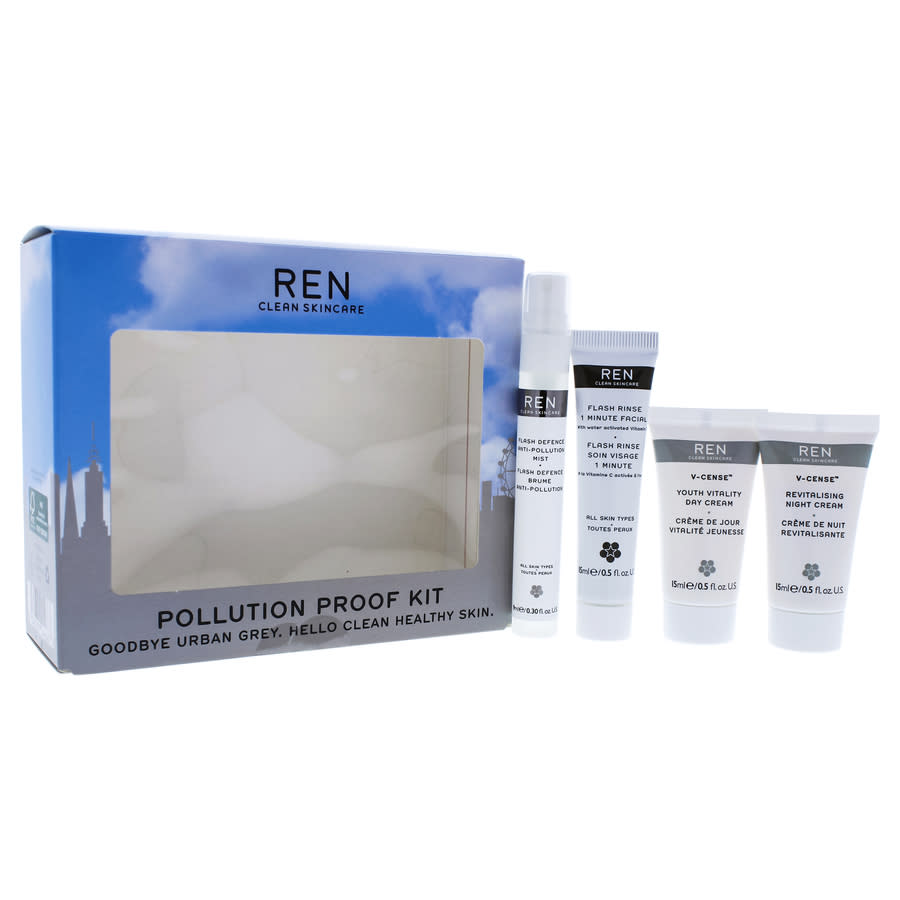 Pollution Proof Kit by REN for Unisex - 4 Pc Kit 0.5oz Flash Rinse 1 Minute Facial, 0.5oz V-Cense Youth Vitality Day Cream,0.5oz V-Cense Revitalising