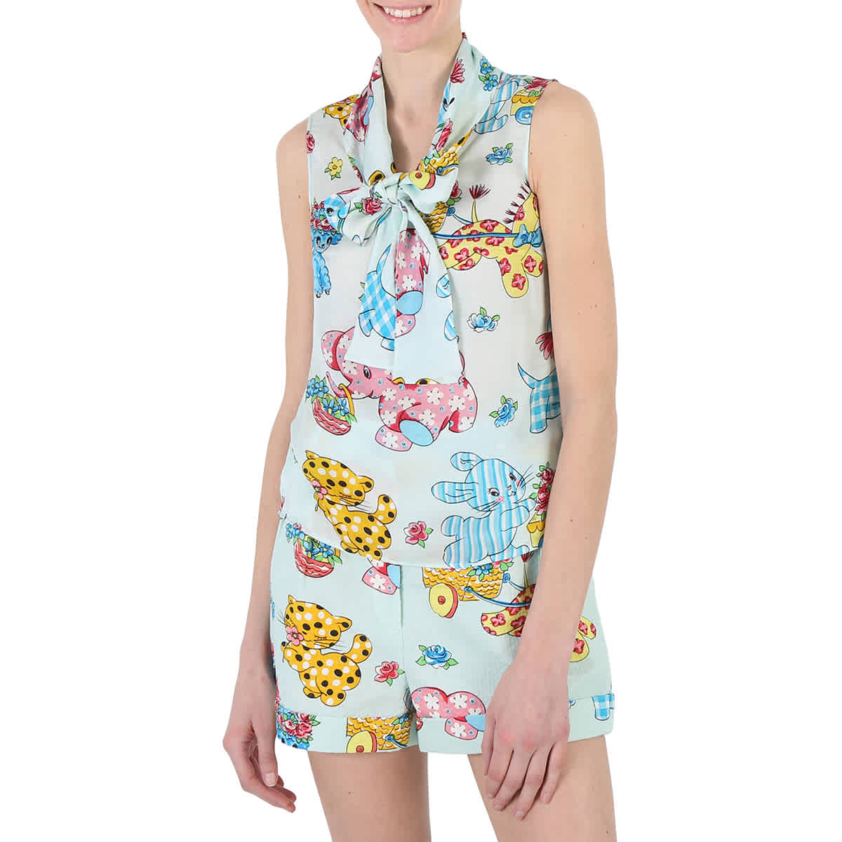 Pre-owned Moschino Light Blue Calico Animals Print Viscose Sleeveless Blouse, Brand Size