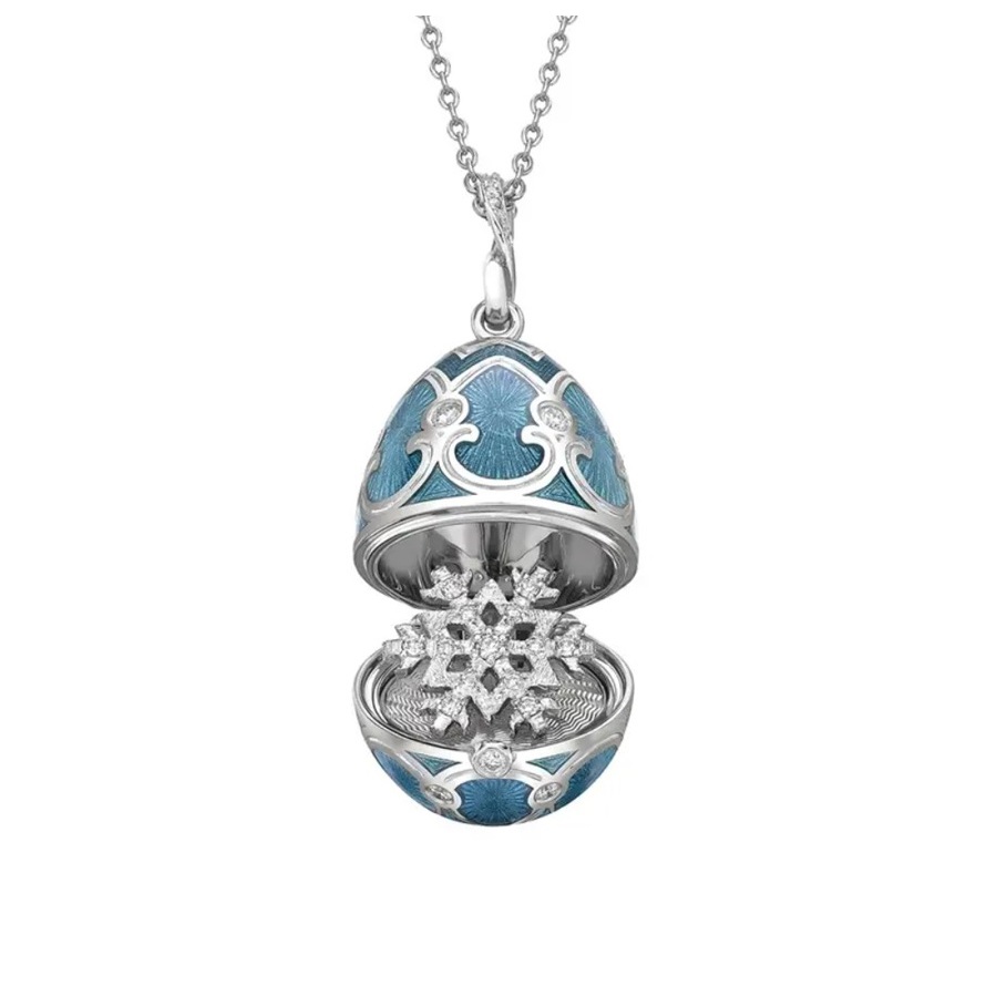 Faberge Heritage White Gold Diamond  Teal guilloche Enamel Snowflake Surprise Locket