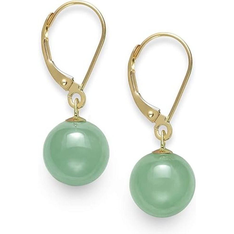 Belacqua Natural Green Jade Round Dangle Drop Earrings in 14K Yellow Gold, Leverback - Closure,Fashion Jewelry for Women, Gift Box Included