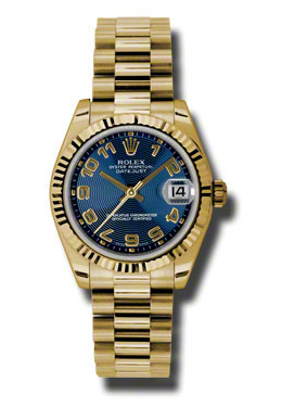 Rolex LadyDatejust 31 Blue Concentric Dial 18K Yellow Gold President Automatic Ladies Watch 178278BLCAP
