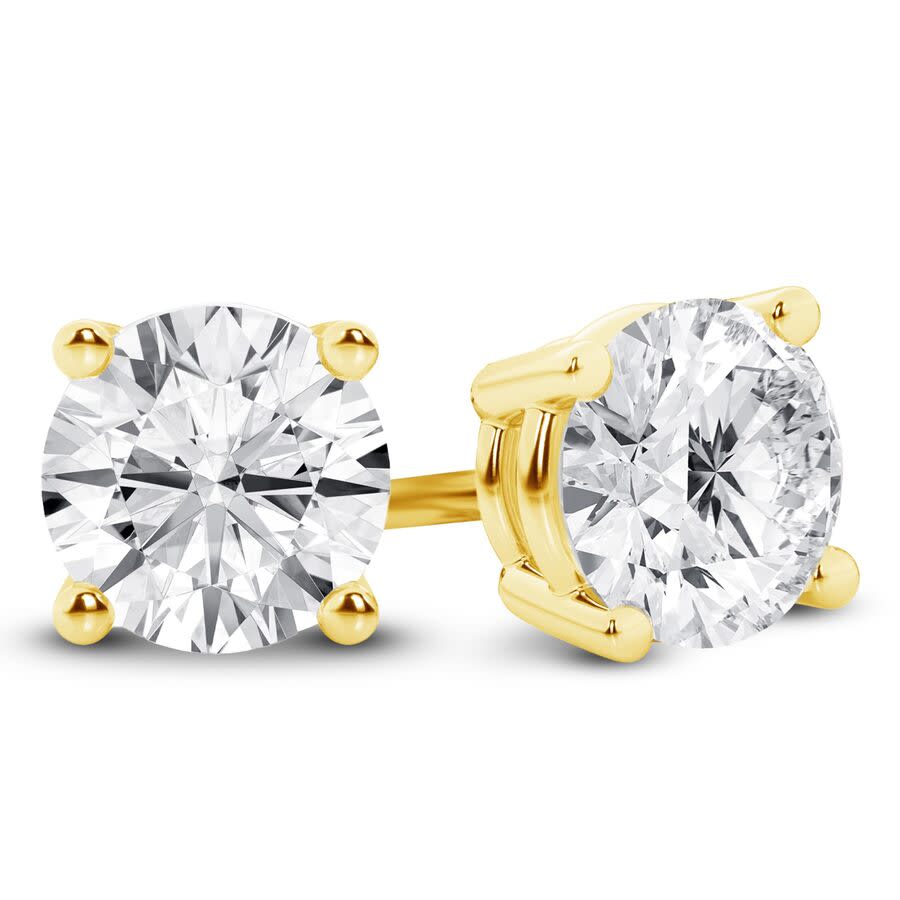 Brilliant Diamond 14K Yellow Gold IGI Certified 2 Carat Round Cut Lab Grown Diamond Stud Earrings for Women, VS Clarity, E-F Color, Prong Set