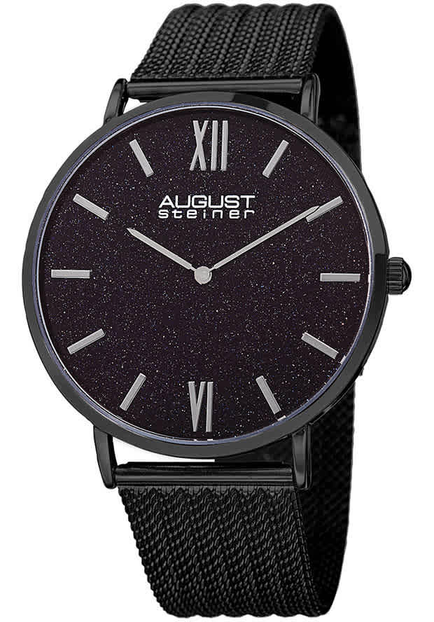 August Steiner Black Sandstone Dial Black Leather Mens Watch AS8218BK