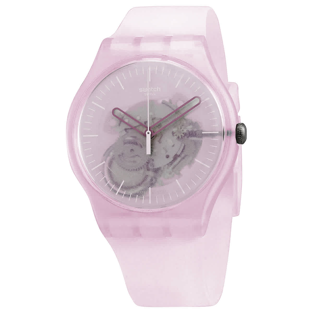 Swatch Monthly Drops Pink Mist Quartz Pink Skeleton Dial Watch SUOK155 $68