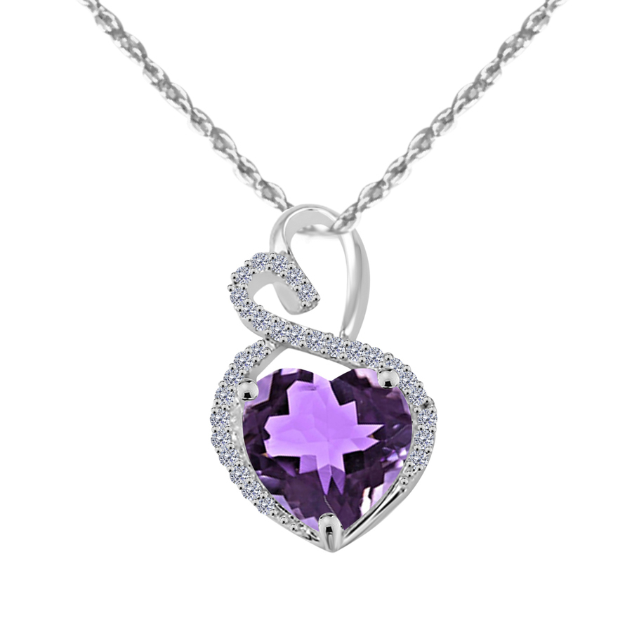 Maulijewels 4 Carat Heart Shape Amythyst Gemstone And White Diamond Pendant In 14k White Gold With With 18'' 14k White Gold Plated Sterling Silver Box