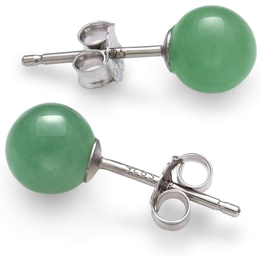 Belacqua Round Natural Green Jade Gemstone Stud Earrings in Sterling Silver Size - 6mm Push Back - Clasp Gift Box Included 40$