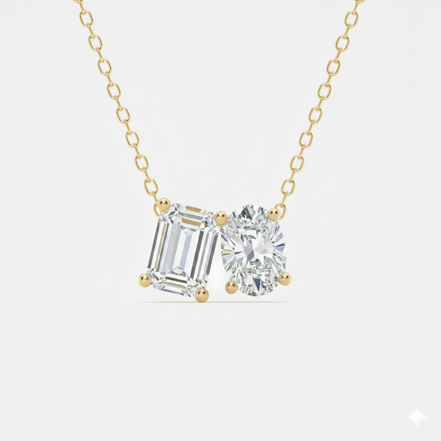 Maulijewels 2.00 Carat Lab Grown Diamond Emarald and Oval Cut Toi Et Moi Pendant Necklace in 14k gold for Women