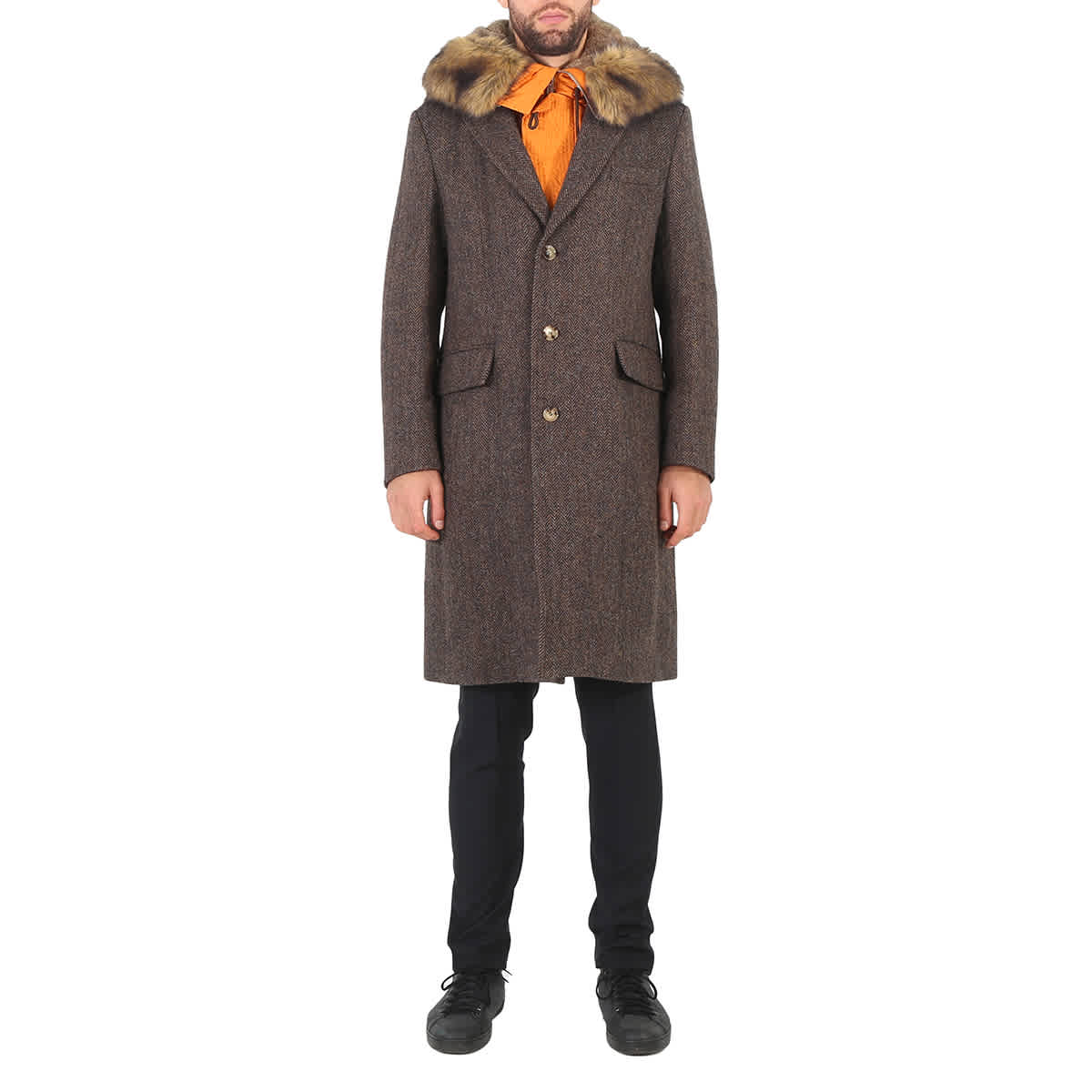 Pre-owned Burberry Herringbone Wool Tailored Single-breasted Coat With Detachable Hood, In Brown