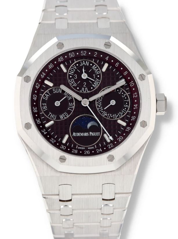 Pre-owned Audemars Piguet Royal Oak Perpetual Calendar Burgundy Grande Tapisserie Pattern Dial Mens Watch 26574BCOO1220BC01 272795$