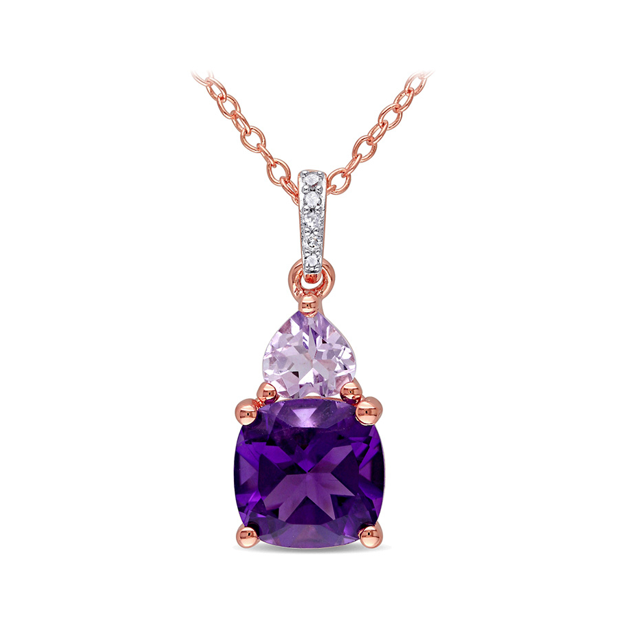 AMOUR Amethyst-Africa Rose De France and Diamond Heart Accent Solitaire Pendant with Chain In 2-Tone Rose and White Sterling Silver 78$