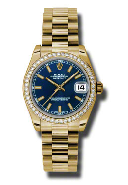 Rolex LadyDatejust 31 Blue Dial 18K Yellow Gold President Automatic Ladies Watch 178288BLSP