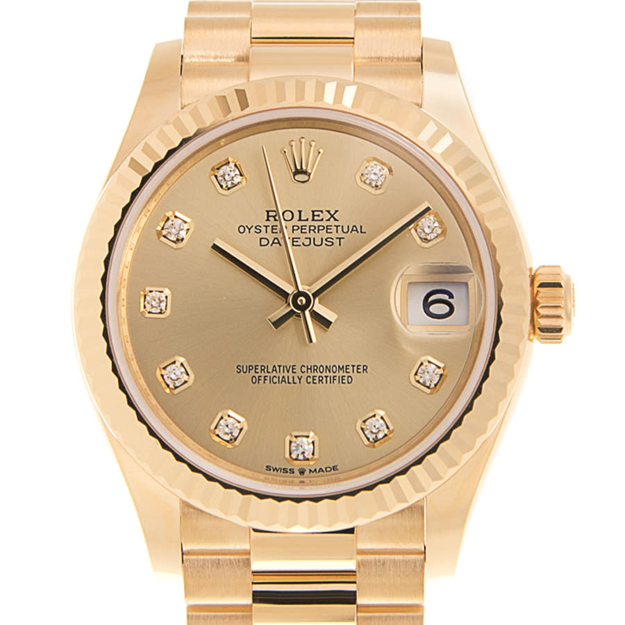 Rolex Datejust 31 Champagne Diamond Dial Ladies 18kt Yellow Gold President Watch 278278CDP