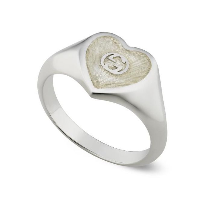 Gucci Interlocking G White Enamel Heart Sterling Silver Ring Size 10 US 525 305$