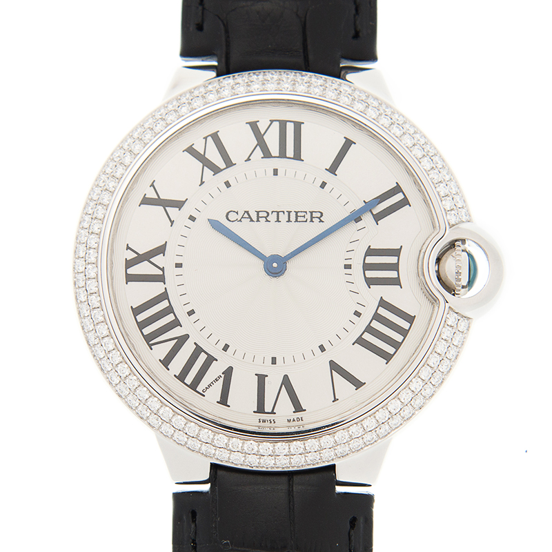 Cartier Ballon Bleu Silver Dial Alligator Leather Diamond Mens Watch WE902056