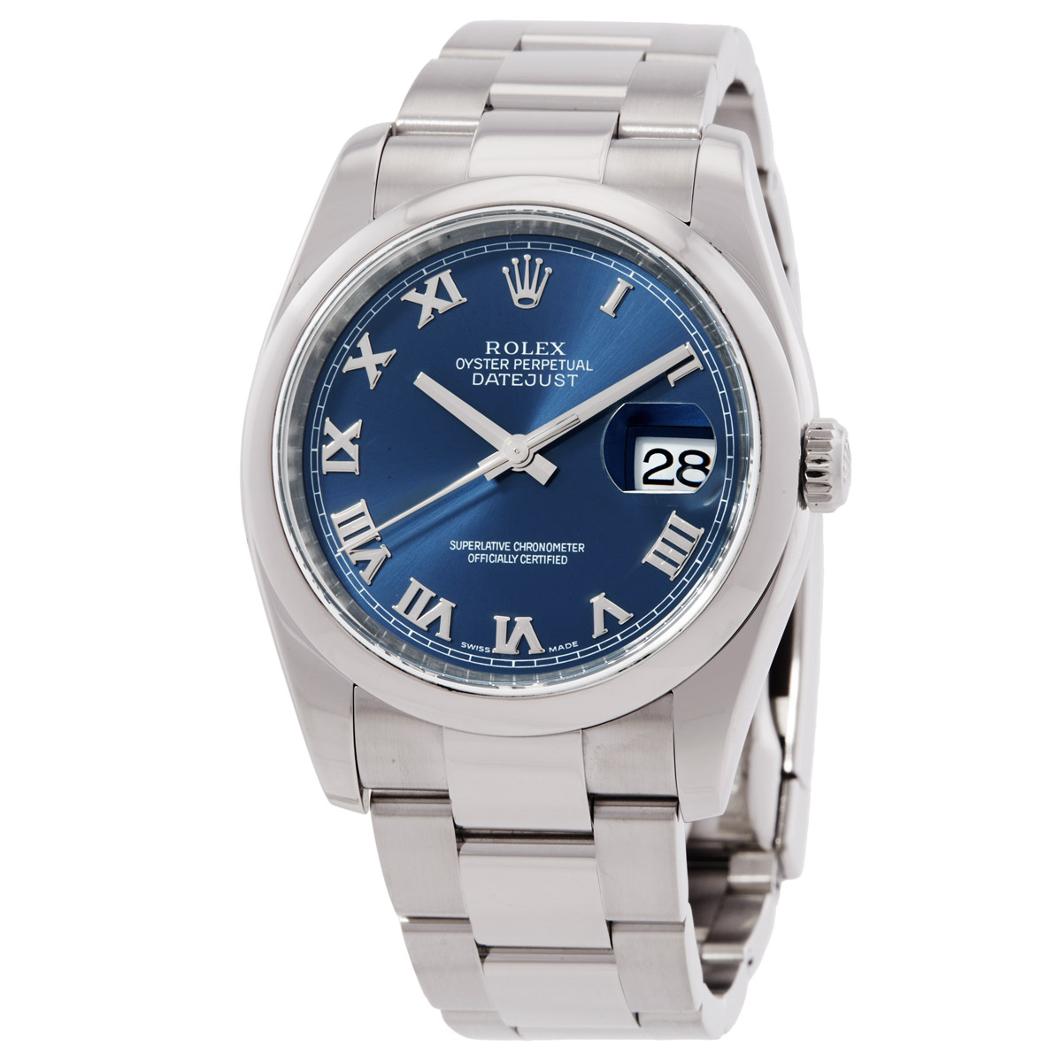 preowned preowned rolex datejust 36 automatic chronometer blue dial mens watch 116200blro