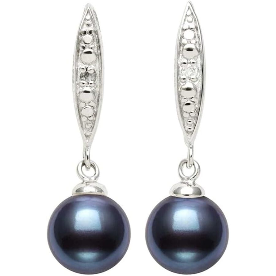 Belacqua Lab Created Sapphire with Black Cultured Freshwater Round Pearl Dangle Earrings in Sterling Silver, Push Back