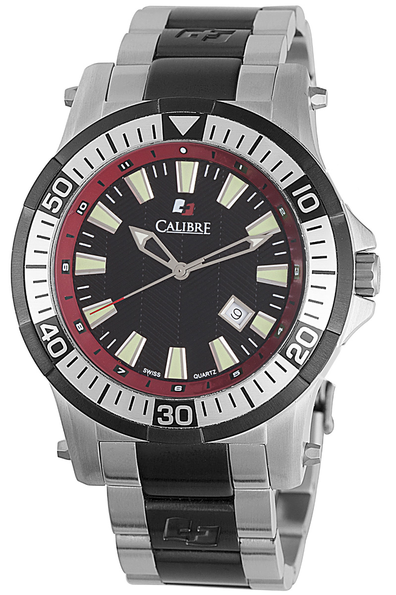 Calibre Hawk Date Black and Red Dial Stainless Steel Mens Watch SC-5H1-04-007-4