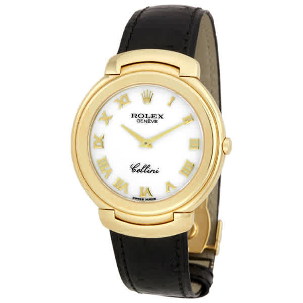 rolex cellini white roman dial black leather stap watch 66238wrl